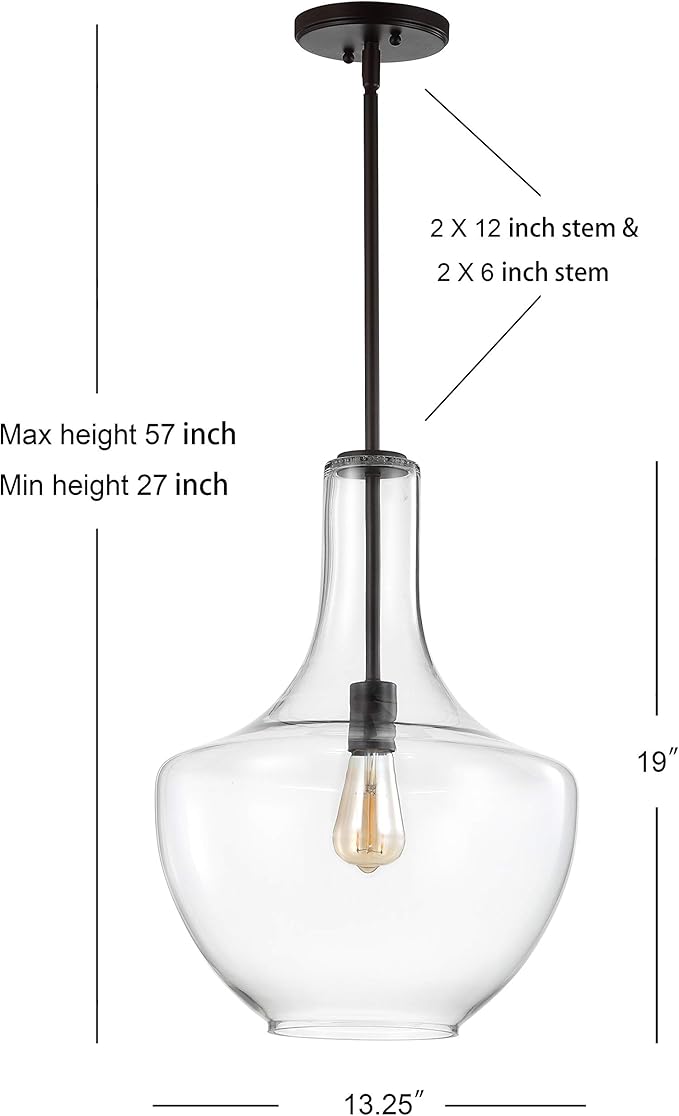 JONATHAN Y 13.25" Oil Rubbed Bronze/Clear Mid-Century Modern 1-Light LED Pendant Light Fixture, Adjustable Schoolhouse Hanging Lamp for Kitchen Island, Clear Glass Shade, LED Bulb Included (JYL6401B)
