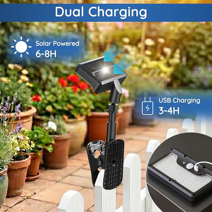 Clip On Solar Lights Outdoor with Motion Sensor, 3 Modes Solar Fence Lights with 3CCT, Adjustable, USB Solar Powered, IP65 Waterproof Motion Sensor Outdoor Lights for Yard Deck Gutter(2 Pack,Black)