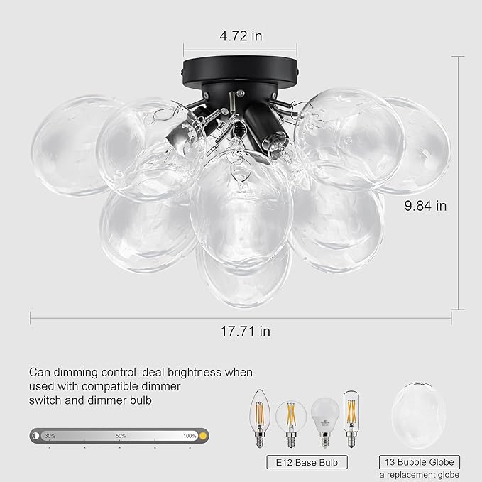 GoYeel Bubble Flush Mount Ceiling Light 17.72"-Black Small Chandelier Glass Globe Kitchen Lights Ceiling with 13 Clear Glass Globe for Kid Room Girls Room Foyer Living Room