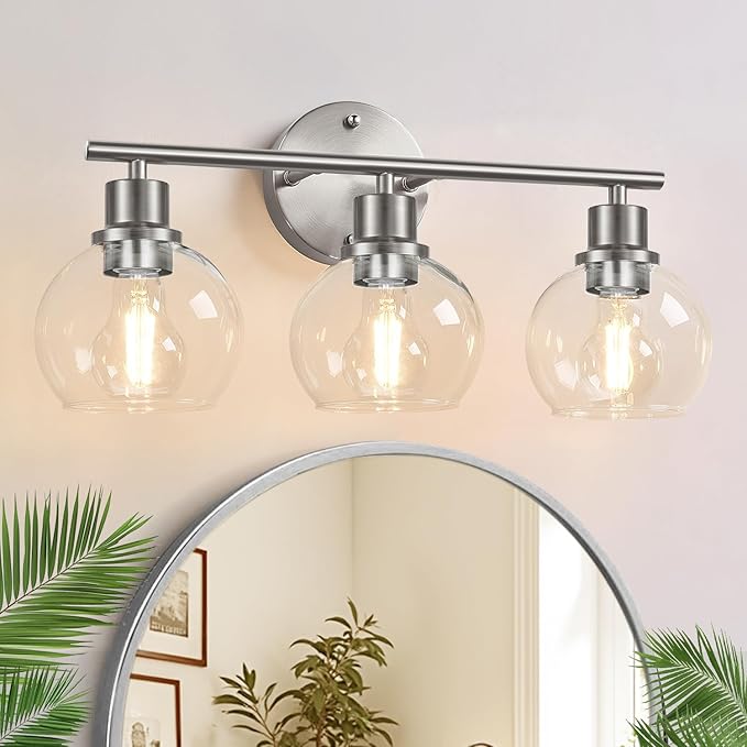 Indoi 3-Light Bathroom Light Fixtures, Brushed Nickel Modern Vanity Lights Over Mirror with Clear Glass Globe Shade, Bathroom Wall Sconces for Mirror Kitchen Living Room Hallway Cabinet Bedroom Porch