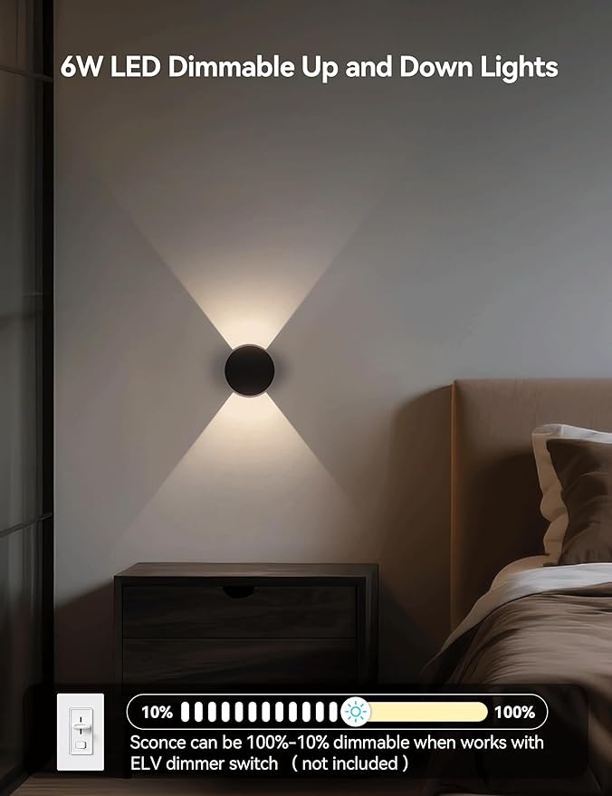 Tubicen Wall Sconce Black Round Wall Lights Beam-Adjustable LED Dimmable Movie Theater Bedroom Sconce Lighting Up Down Hardwired Indoor Small Wall Lights for Living Room Hallway Stairway 6W 3000K