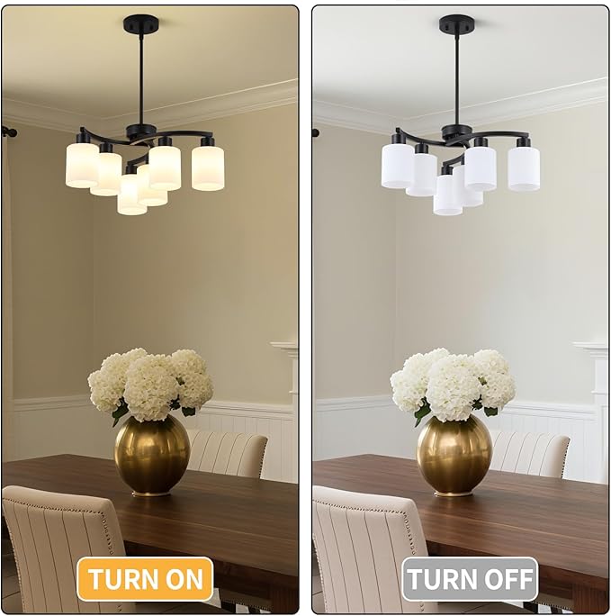 6-Light Modern Farmhouse Black Chandelier,22 inch Dining Room Light Fixture,Contemporary Glass Chandelier Adjustable Height Hanging Pendant Lights Kitchen Island,Glass Shade