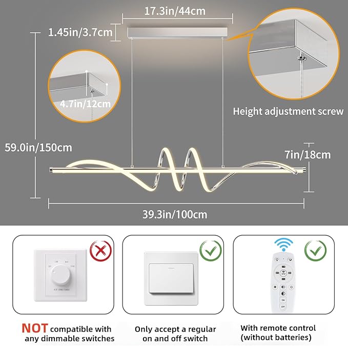 Modern LED Pendant Lights Kitchen Island,3000k-6000K Adjustable Color Dining Room Light Fixture,Dimmable with Remote Control Aluminum for Kitchen, Living, Dining,Bedroom(39in Chrome Silver