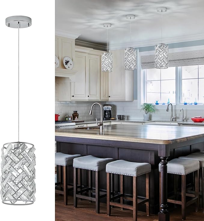 CATINER Modern Chrome Pendant Light, Mini Crystal Chandelier, Adjustable Lighting Fixture for Kitchen Island, Dining Room, Bedroom (Set of 3)