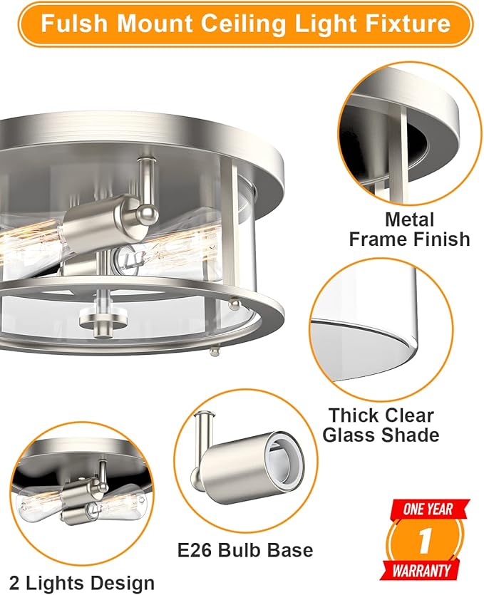 EAPUDUN Flush Mount Ceiling Light Fixtures, 12inch 2-Light Farmhouse Close to Ceiling Light Fixture with Clear Glass Shade, Brushed Nickel Finish for Porch, Entryway, Bedroom, FMA1413-BNK