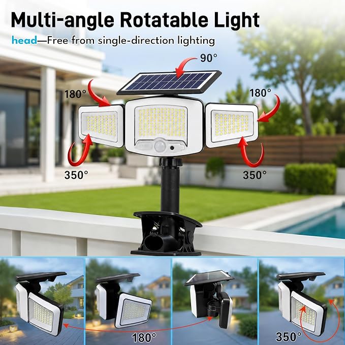 Solar Flood Lights Outdoor, 231 LEDs Clip-on Motion Sensor Lights 2000LM , 3 Heads Security Light with 360° Wide Angle,IP65 Waterproof Flood Wall Light with 3 Modes for Backyard,Patio,Garage(1 PACK)