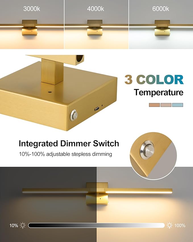 Rayogale 40 Inch 8000mAh Rechargeable Wall Sconce with Remote Control, 3000K/4500K/6000K Dimmable Battery Operated Wall Sconce Set of 2 with Timer, Wireless Wall Lights for Living Room Bedroom, Gold