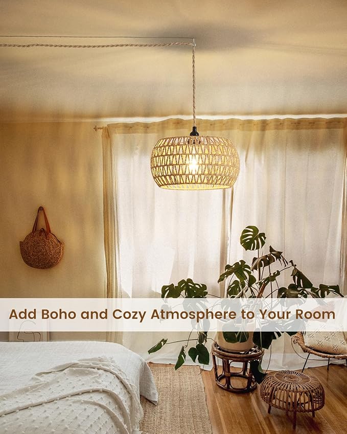 Rattan Boho Hanging Light,12.6'' Natural Hand Woven Fabric Drum Light,Plug Into Wall Outlet Pendant Light Fixture On/Off Switch for Dining,Living Room,Bedroom,Kitchen,Hallway Entryway, Without Bulb