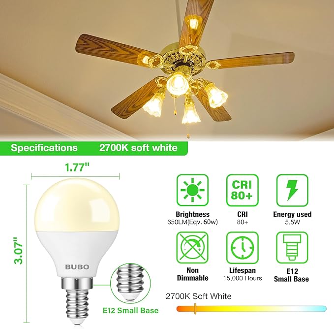 BUBO Ceiling Fan Light Bulbs 60 Watt Soft White, E12 LED Bulb Warm White 2700K, Light Bulbs Small Base, A15 Candelabra Base LED Light Bulb 5.5W for Light Fixture, 120V, 650LM, Non-Dimmable, 10 Pack