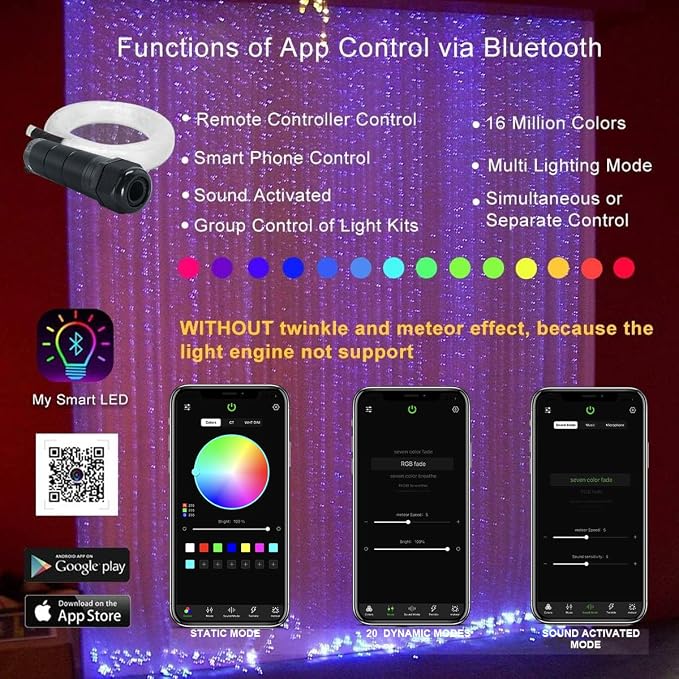 AKEPO 6W RGBW Fiber Optic Curtain Lights Kit, Waterfall Curtain Light for Home Decoration with Flash Point Fiber Optical Cables 200 Strands 0.03in/0.75mm 6.5ft/2m