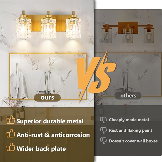 Bathroom Light Fixtures, 3-Light Brushed Gold Vanity Light Over Mirror with Crystal Glass Shades, Bathroom Wall Lights for Mirror Kitchen Bedroom Hallway Living Room