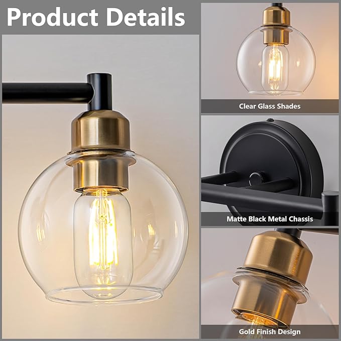 Bathroom Light Fixtures,2-Light Modern Bathroom Vanity Light,Black and Gold Wall Sconce with Clear Glass Globe Shades,Adjustable Brightness Wall Lights for Kitchen,Bedroom,Hallway,Living Room