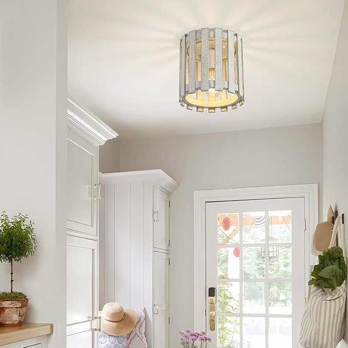 Rustic Flush Mount Ceiling Light, Farmhouse Wood Cage Semi Flush Mount Light for Entryway, Kitchen, Dining Room, White