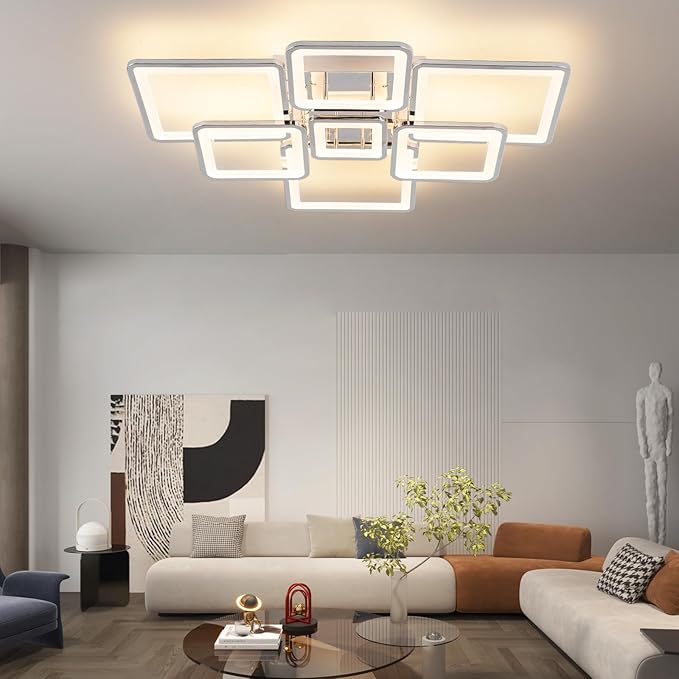 Modern LED Ceiling Light 35.04" Dimmable Chrome Flush Mount Ceiling Light with Remote 7 Rings 90W 3000K-6500K Ceiling Lamp for Living Room,Bedroom,Kitchen