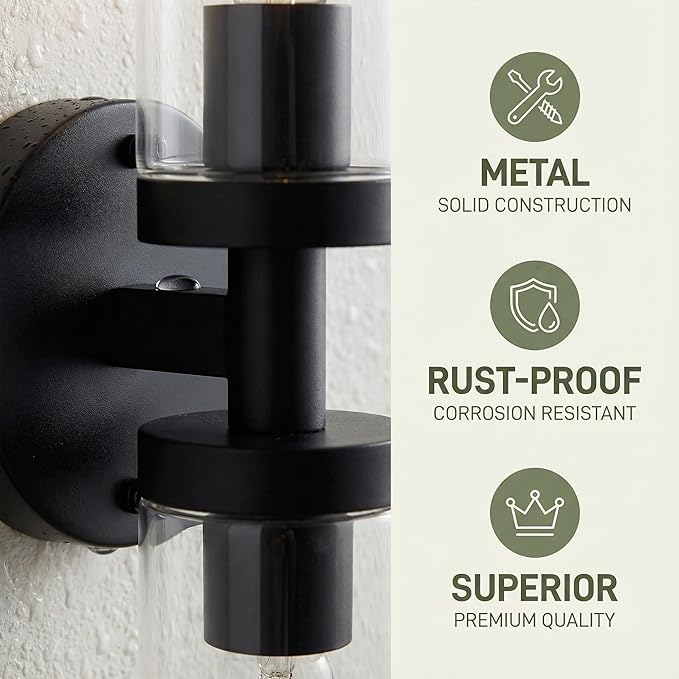 Wall Sconces Set of 2, Hardwired Bathroom Light Fixtures, Modern Bathroom Vanity Wall Lighting with Clear Glass Shade, Farmhouse Wall Sconce for Mirror Bedroom Hallway, Matte Black, E26 Base