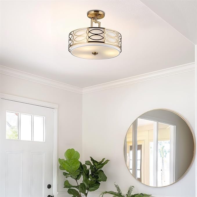 Kira Home Sienna 15" Modern Lattice Drum Gold Semi-Flush Mount, 3-Light Gold Ceiling Light with White Linen Shade & Glass Diffuser, Cool Brass Finish