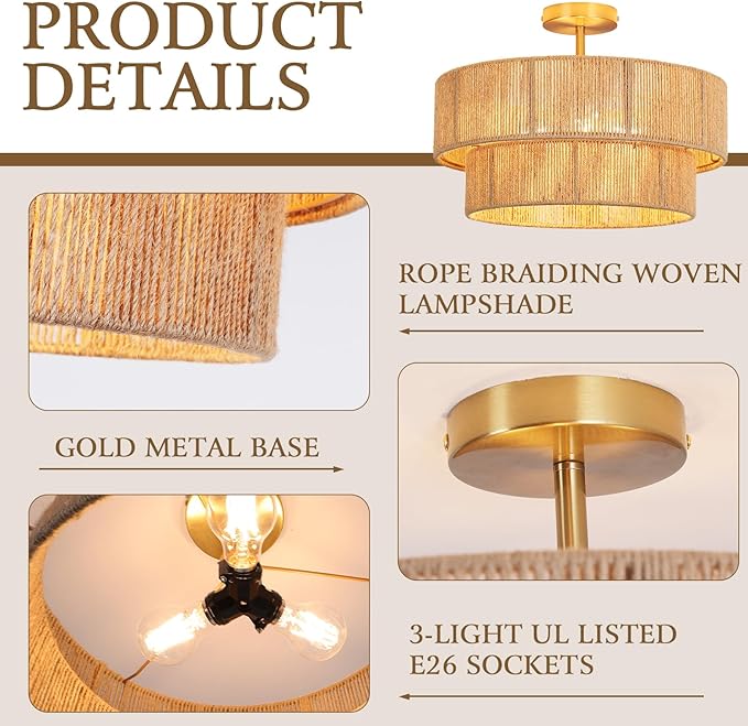 18" Boho Semi Flush Mount Ceiling Light Gold Rattan Ceiling Light Farmhouse Ceiling Lamp with Natural Hemp Rope Lampshade for Dining Room Living Room Bedroom Kitchen