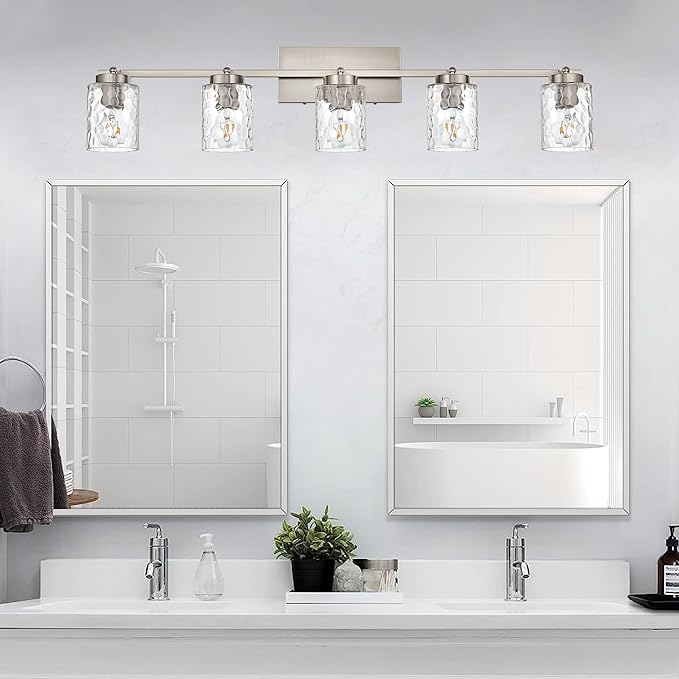 5-Light Industrial Bathroom Vanity Lights, Brushed Nickel Track Lighting Wall Mount or Ceiling Rotatable Track Head Metal Vanity Lighting Fixtures for Bathroom Hallway, Clear Hammered Shade