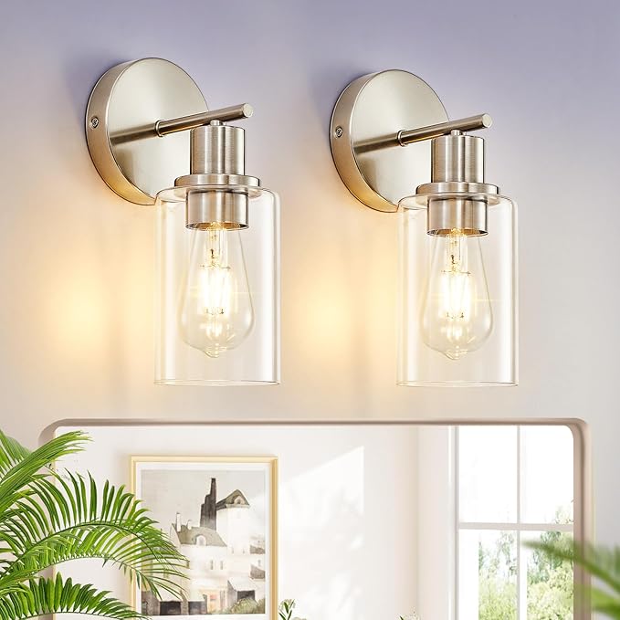 DLLT Wall Sconces Set of Two: Modern Bathroom Vanity Light Fixtures - Nickel Vanity Lights with Clear Glass Shade - Farmhouse Wall Lamp for Bedroom Living Room Mirror Hallway Kitchen