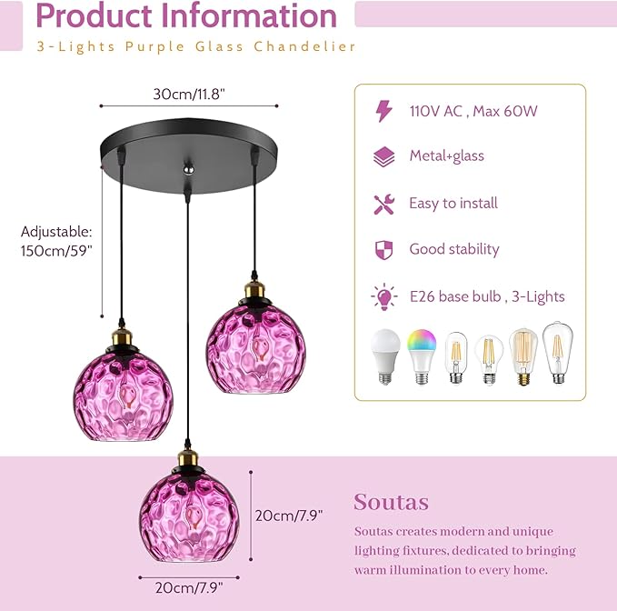 Mid Century Modern 3-Light Cluster Pendant, Hammered Purple Glass Globe Chandelier, Ceiling Hanging Light Fixture for Dining Room Table Kitchen Island Over Sink