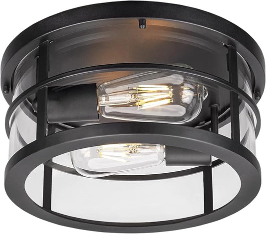 Darkaway Flush Mount Ceiling Light, 11.6 Inch Industrial Ceiling Light Fixture Outdoor Indoor Close to Ceiling with Clear Glass Shade for Hallway Balcony Porch Kitchen Living Room 2-Light