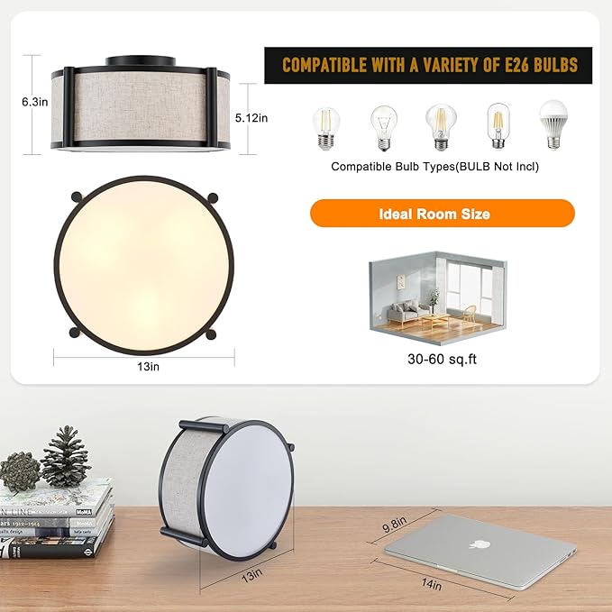 13" Semi Flush Mount Ceiling Light Modern 3-Lights Black Drum Ceiling Light Fixture with Fabric Linen Shade, Vintage Modern Ceiling Lighting for Laundry Room, Kitchen, Basement, Bedroom
