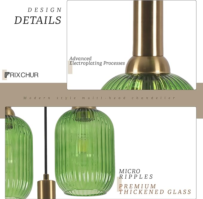 FRIXCHUR 3-Light Pendant, Mid Century Style Glass Shades with E26 Sockets, Adjustable Retro Pendant Light with Gold Accents, Ideal for Kitchen Islands and Living Rooms (Emerald)