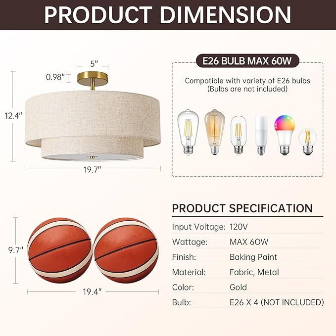 19.7" Semi Flush Mount Ceiling Light, 4-Light Drum Ceiling Light Fixture with 2-Tier Fabric Linen Shade Design, Modern Classic Ceiling Light for Dining Room, Living Room, Bedroom, Hallway, Entryway
