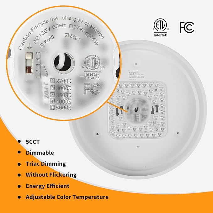 12 Inch Wood LED Flush Mount Ceiling Light Fixtures 5CCT 2700-5000K 24W Dimmable | Overhead Light | Round | White | Ceiling Lamp | Bathroom | Bedroom | Kitchen | Hallway | Laundry Room