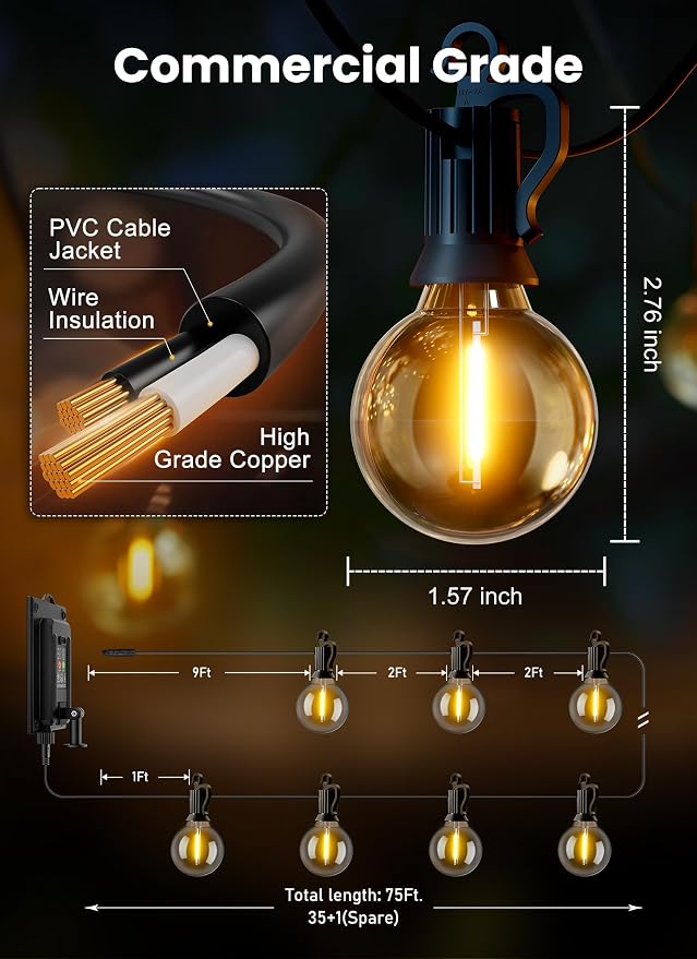 Brightown 75FT 36LED Solar String Lights Outdoor with Remote & USB Port, Shatterproof Bulbs, Dimmable & Timable, 3 Modes, Patio Lights with Mount Clips for Backyard Garden Decor - Last for 36+Hrs