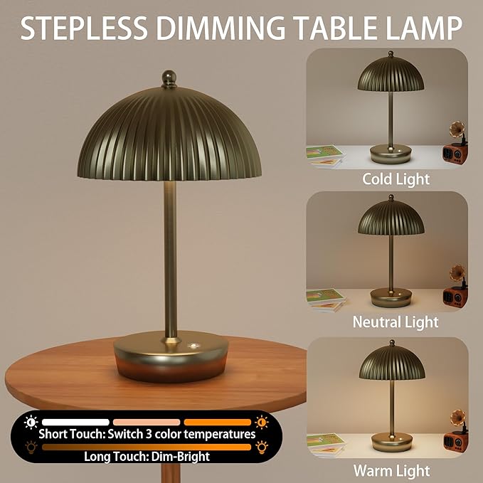 Small Portable Cordless Table Lamp, 3-Way Dimmable Touch Rechargeable Battery Powered Mushroom Lamp Bedroom Dining Table Living Room Shelf Decor,Gold