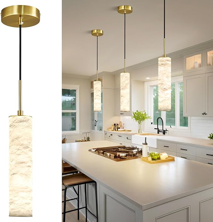 LMQNINE Natural Alabaster Pendant Lights for Kitchen Island White Marble Long Tube Chandelier 4000K Modern Gold Ceiling Light Fixtures for Bedroom Dining Room Table Living Room Hallway(S-3Pack)