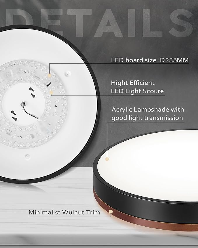 Ken & Ricky 16 Inch Wood Flush Mount Ceiling Light,Modern Led Ceiling Light Fixtures Ceiling Mount, 24W 3000K-6500K Color Dimmable for Bedroom Kitchen Bathroom Hallway 1PK