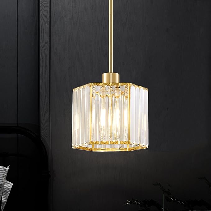 XSDeTu 1 Pack Gold Pendant Lights Kitchen Island, Modern Crystal Pendant Light Fixtures, 1-Light Small Farmhouse Chandelier, Adjustable Brass Hanging Light Fixture for Dining Room, Hallway, Bedroom