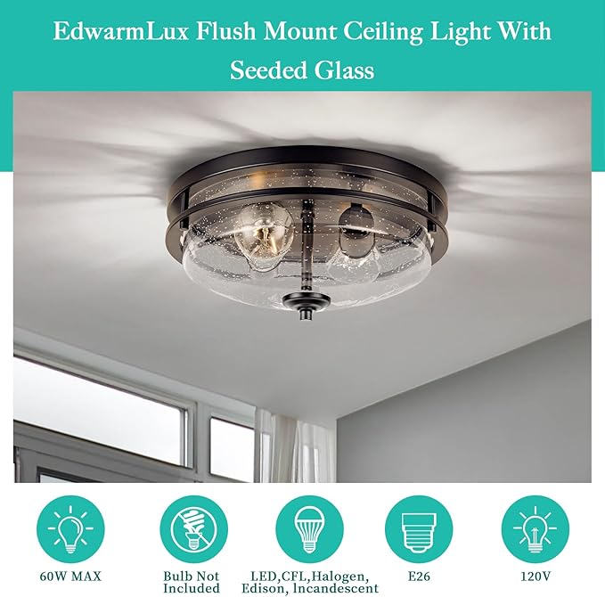 Edwarmlux Flush Mount Ceiling Lights, 2-Light Farmhouse Close to Ceiling Light, Industrial Ceiling Lighting Fixture for Kitchen Hallway Bedroom Living Room Stairways Porch (Black)