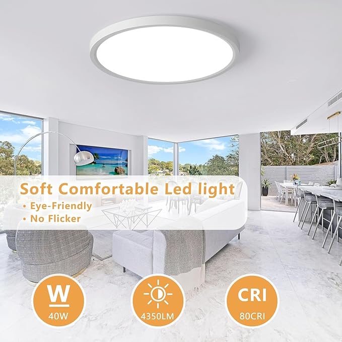 20 Inch Large LED Flush Mount Ceiling Light, 40W, 4350LM, 3000K/4000K/6000K CCT Selectable Super Slim LED Ceiling Light, Close to Ceiling Round Flat Panel Light for Living Room,Kitchen ect，2PK