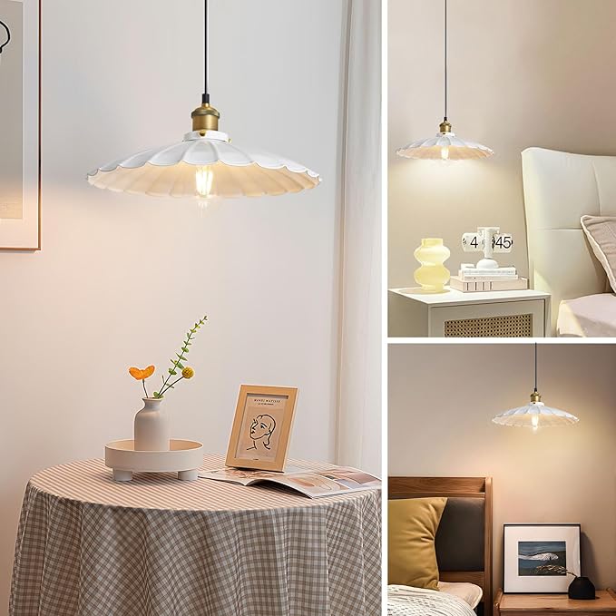Plug in Pendant Light 13.8 Inch Round Metal Shade Vintage White Pendant Light for Kitchen Island 14Ft Adjustable Dome Industrial Hanging Lamp Living Room