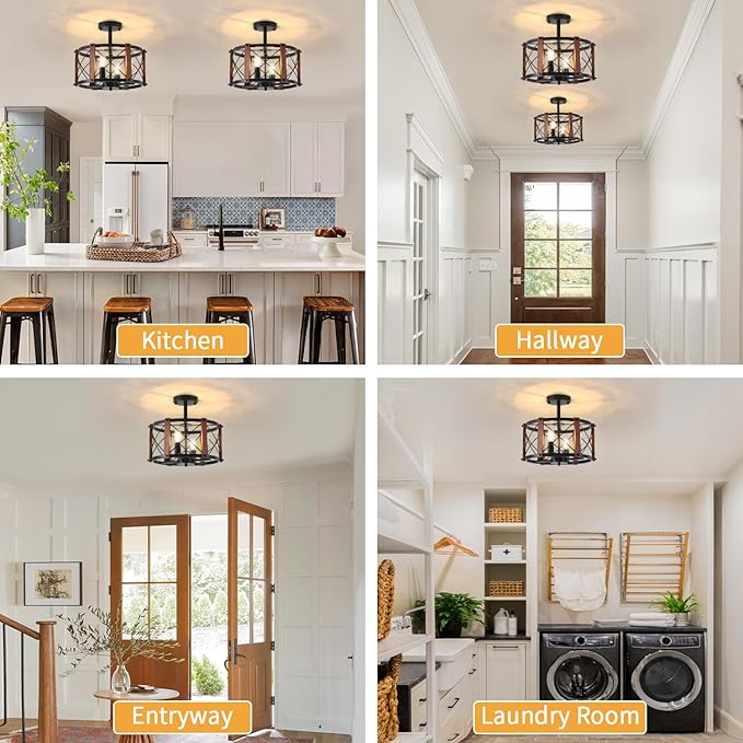 4-Light Rustic Farmhouse Semi Flush Mount Ceiling Light, Modern Entryway Hallway Light Fixtures Oak Wood Drum Kitchen Lights Black Close to Ceiling Light for Kitchen Bedroom Dining Room Foyer Lighting