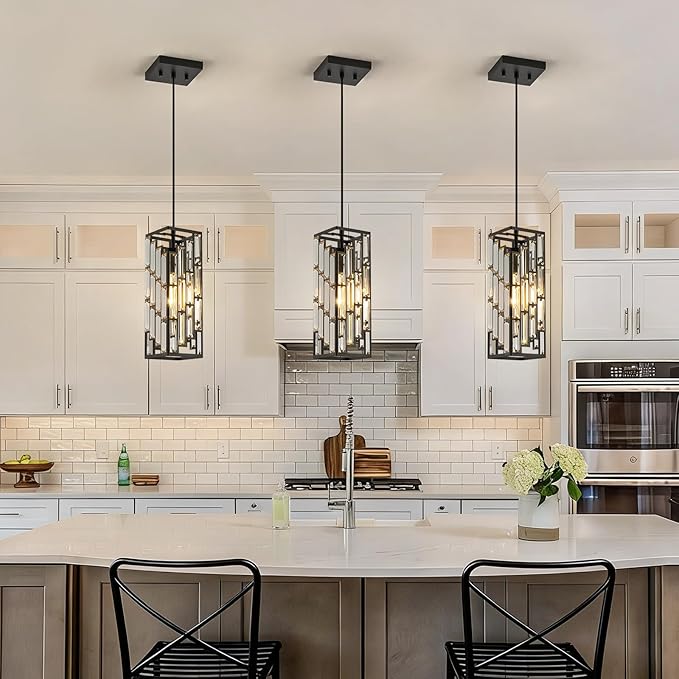 Black Pendant Lights Kitchen Island, Adjustable Modern Pendant Light Fixtures 1 Pack, Mini Crystal Chandeliers for Dining Room Bedroom Foyer Hallway
