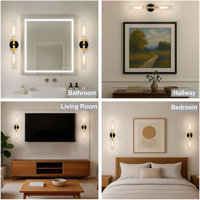 LaLuLa Black and Gold Vanity Light Fixtures 2-Pack – Modern Hardwired Dual-Light Wall Sconces with Rippled Glass Shades, Textured Metal Bathroom Lighting for Over Mirror or Hallway, 25" Height