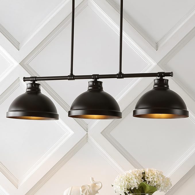 JONATHAN Y 36" Oil Rubbed Bronze 3-Light Iron Linear Pendant Light, Industrial Modern Farmhouse Fixture for Kitchen Island Dining Room, Adjustable Height, LED Bulbs Included JYL1117A