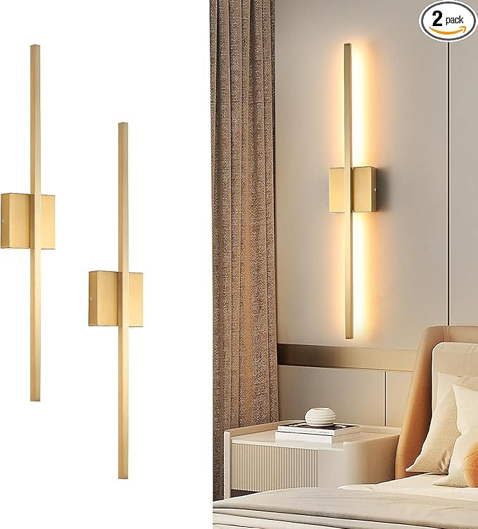 Wall Sconces Set of Two, LED Dimmable Sconces Wall Lighting, Brushed Gold Modern Wall Sconce Light for Bathroom, Living Room, Bedroom, Hardwi