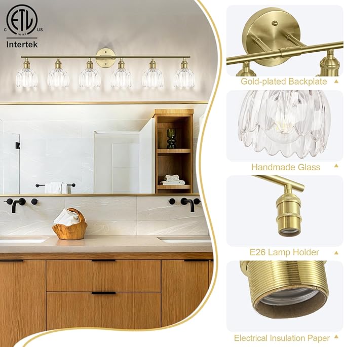 Vintage Bathroom Light Fixtures,6-Light Hardwired Vanity Lights with Clear Tulip Glass Shade,Gold Bathroom Vanity Light for Mirror Restroom,E26 Socket,40.55 in(Bulbs Not Included)