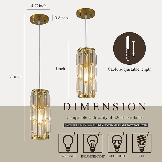 Pendant Lights Modern Gold Pendant Light, Mini Crystal Pendant lamp, Adjustable Pendant Lighting for Kitchen, Dining Room, and Bedroom (Gold Pack of 3)