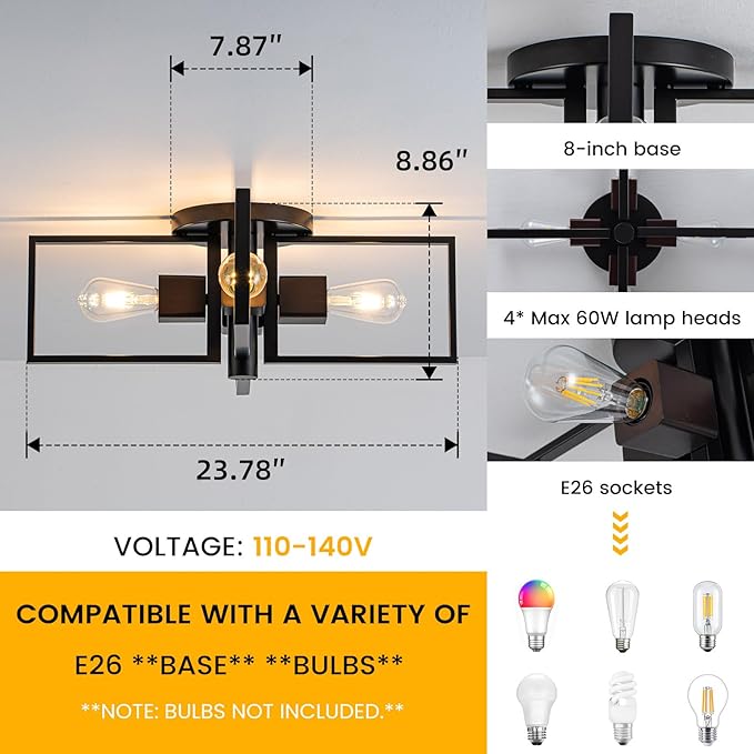 Industrial Ceiling Light Black 4 Light Semi Flush Mount Lights Wood Sputnik Light Fixture 24" Farmhouse Ceiling Light for Kitchen Bedroom Bathroom Foyer Hallway(E26
