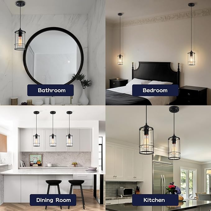 AKEZON Black Pendant Light Kitchen Island Glass Pendant Light Fixture, Kitchen Hanging Lights with Clear Glass, Modern Farmhouse Cage Pendant Lights for Dining Room Hallway Bathroom