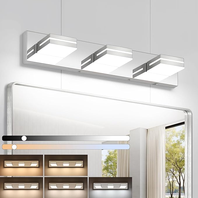 Bathroom Vanity Lighting Fixtures Over Mirror (3-Light, 24-Inch) Dimmable Modern LED Bathroom Wall Lighting Fixtures, Chrome (3000K/3500K/4000K/5000K/6000K)