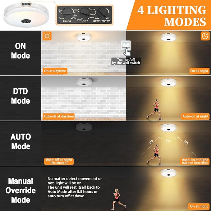 24W LED Motion Sensor Outdoor Ceiling Light, 12IN 2700K/3000K/3500K/4000K/5000K Adjustable Ceiling Lights, Dusk to Dawn Flush Mount LED Ceiling Light Fixture for Porch, Garage,