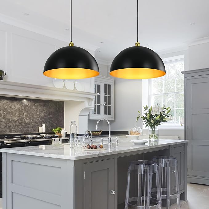 Black-Farmhouse Pendant-Light Hanging-Lamp Fixtures - 16 inch Kitchen Island Pendant Lights Industrial Dome Ceiling Lighting Dining Room Large Vintage Light for Indoor Black and Gold