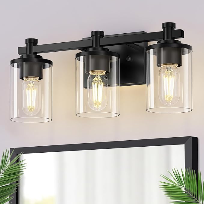DORESshop 20 Inch Bathroom Light Fixtures, 3-Light Upgraded Matte Black Bathroom Lighting Fixtures Over Mirror with Clear Glass Shade, Vanity Lights for Bathroom Living Room Bedroom, ETL Listed
